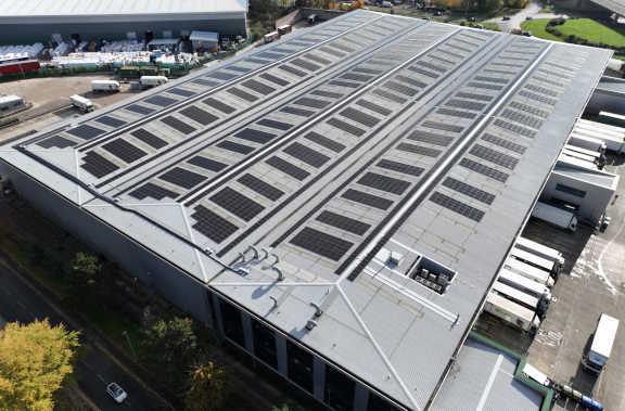 Warehouse from above showing solar panels